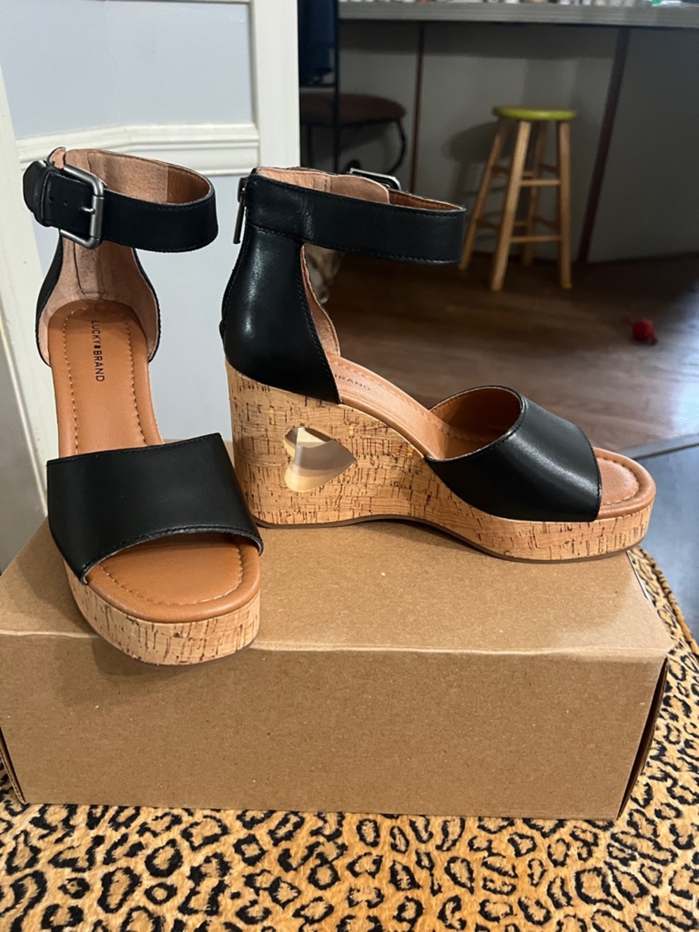 Lucky Brand Black Leather Cork Platform Wedge Sandals